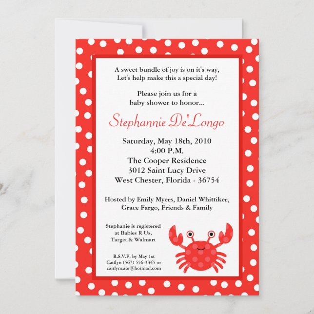 Invitation 5x7 Océan Life Baby shower de crabe rouge Invitati (Devant)