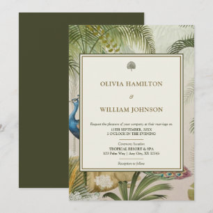 Invitation 5x7 Olive Green Tropical Peacock Palm Mariage