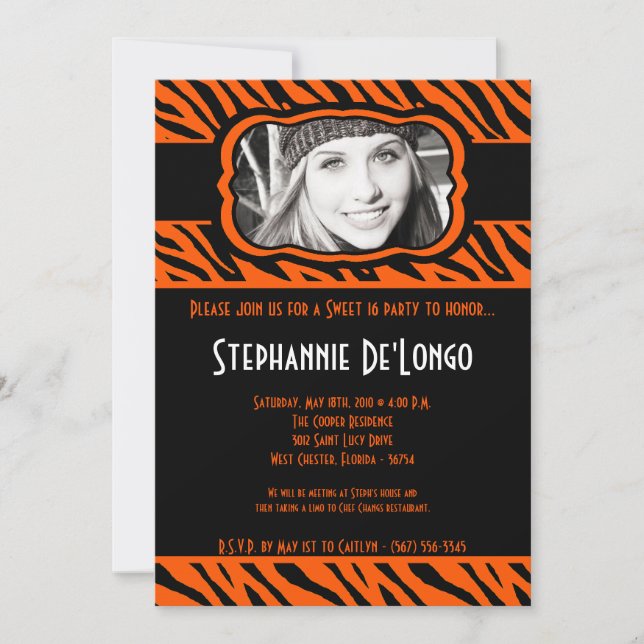 Invitation 5x7 Orang Zebra PHOTO Sweet 16 Anniversaire Invita (Devant)