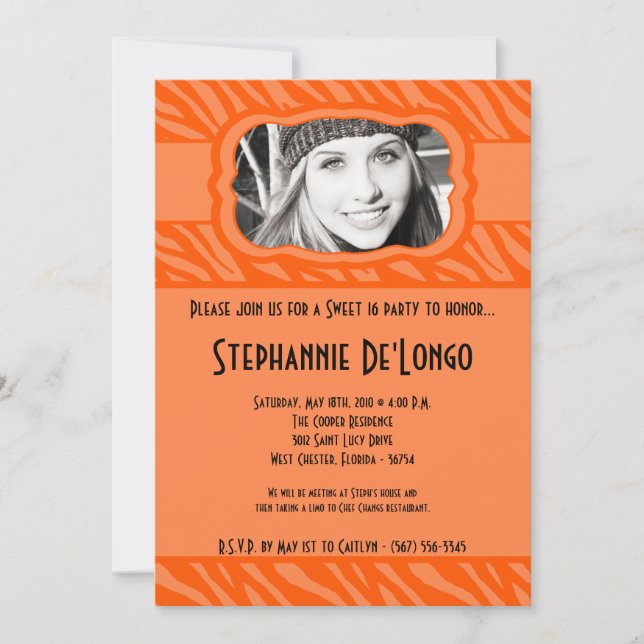 Invitation 5x7 Orang Zebra PHOTO Sweet 16 Anniversaire Invita (Devant)