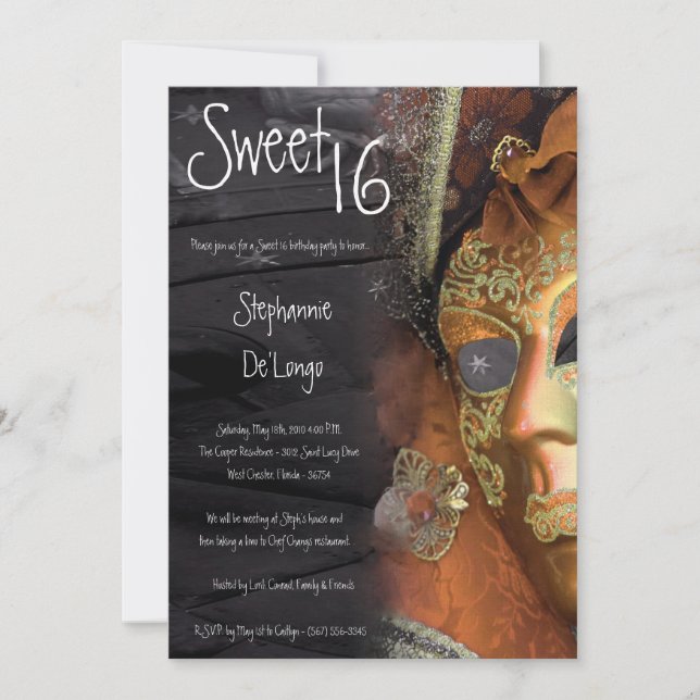 Invitation 5x7 Orange Masquerade Sweet 16 Anniversaire Invita (Devant)