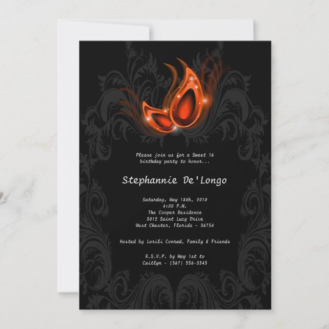 Invitation 5x7 Orange Masquerade Sweet 16 Anniversaire Invita (Devant)