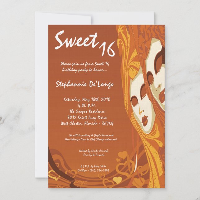Invitation 5x7 Orange Masquerade Sweet 16 Anniversaire Invita (Devant)