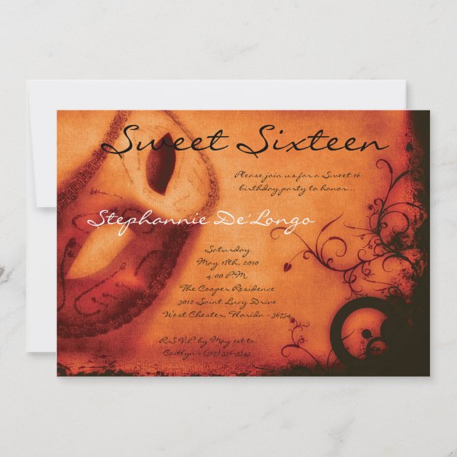 Invitation 5x7 Orange Masquerade Sweet 16 Anniversaire Invita (Devant)