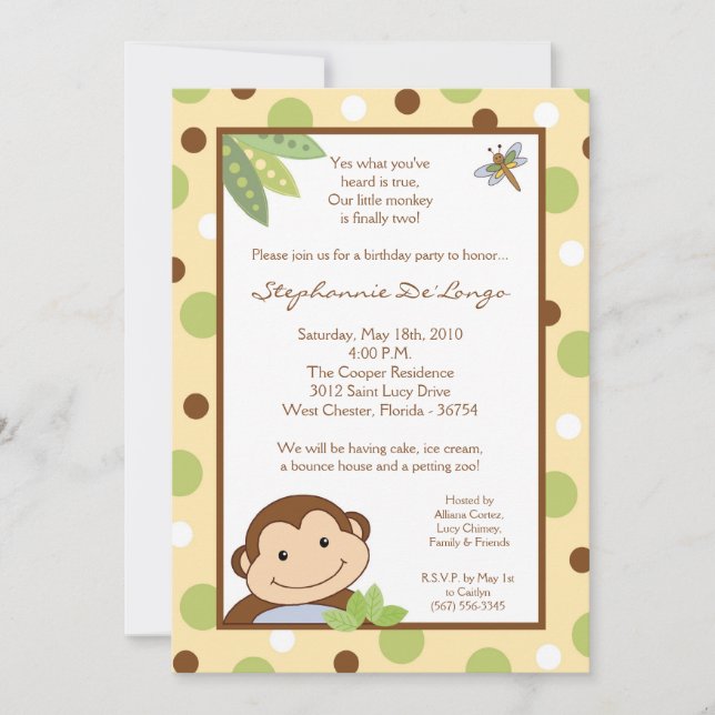 Invitation 5x7 Papgayo Monkey Jungle Anniversaire Partie Invi (Devant)
