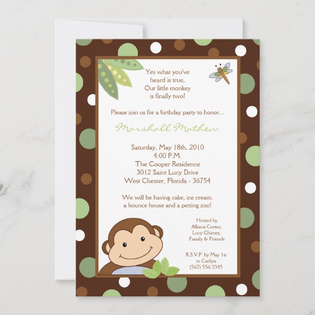 Invitation 5x7 Papgayo Monkey Jungle Anniversaire Partie Invi (Devant)