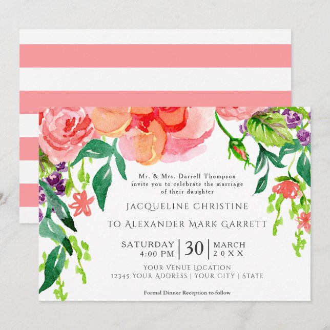 Invitation 5x7 Papier Rose d'aquarelle moderne Mariage floral (Devant / Derrière)