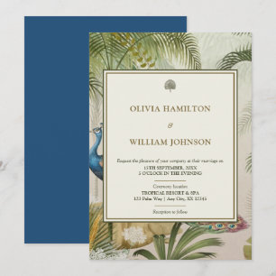 Invitation 5x7 Peacock Blue Tropical Peacock Palm Mariage