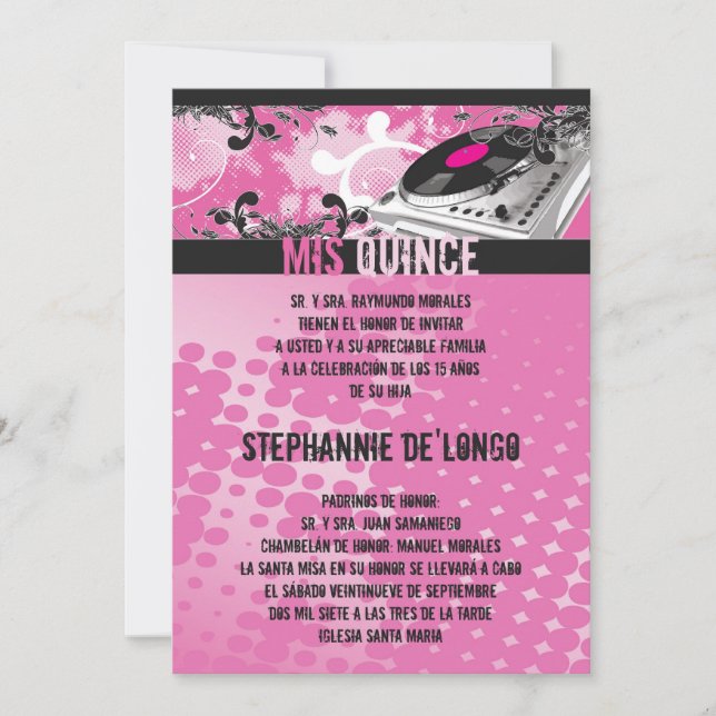 Invitation 5x7 Pink DJ Spin Tourne-disque Quinceanera Invitat (Devant)