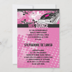Invitation 5x7 Pink DJ Spin Tourne-disque Quinceanera Invitat