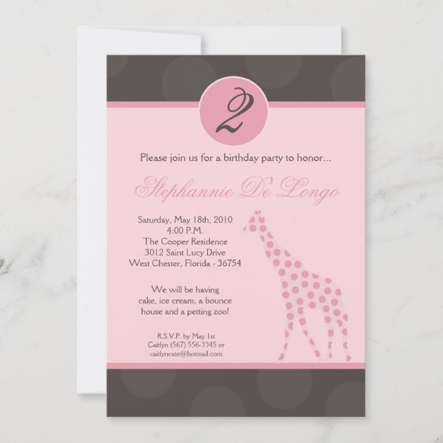 Invitation 5x7 Pink Poka Dot Giraffe Anniversaire Par Invitat (Devant)