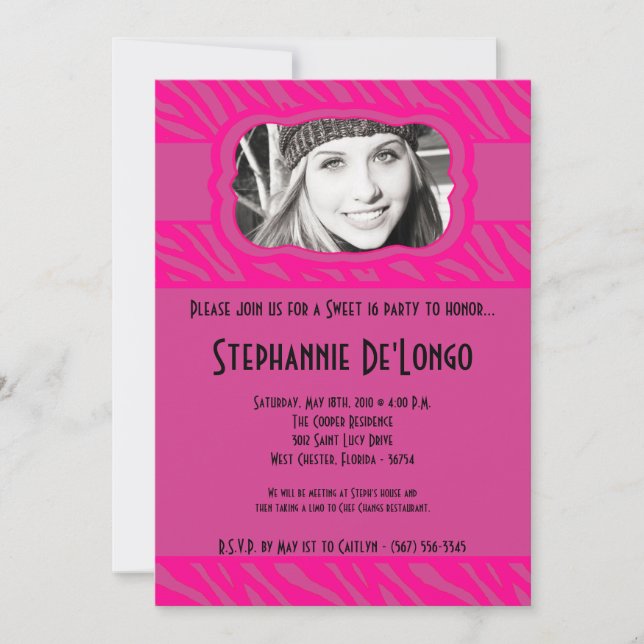 Invitation 5x7 Pink Zebra PHOTO Sweet 16 Anniversaire Invitat (Devant)