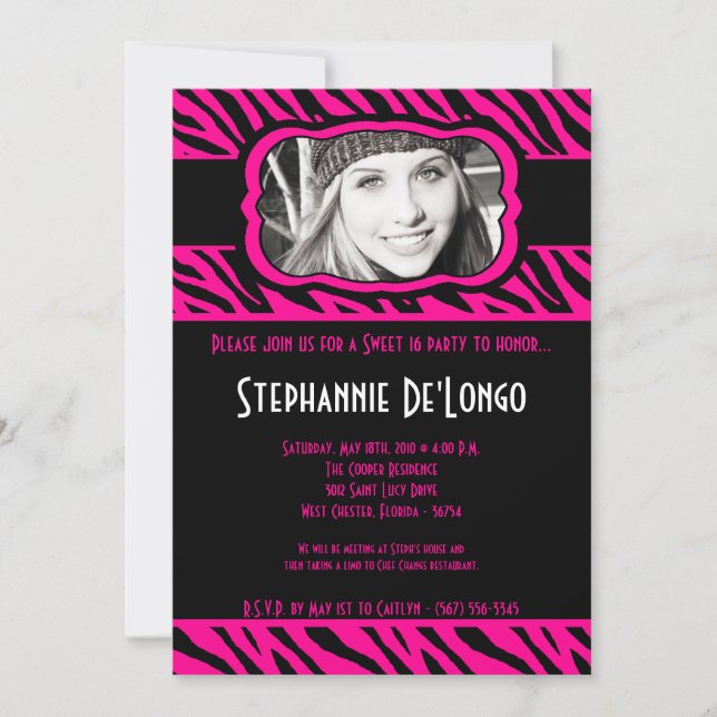 Invitation 5x7 Pink Zebra PHOTO Sweet 16 Anniversaire Invitat (Devant)