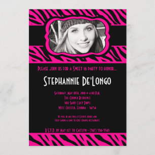 Invitation 5x7 Pink Zebra PHOTO Sweet 16 Anniversaire Invitat