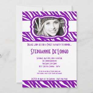 Invitation 5x7 Purpl Zebra PHOTO Sweet 16 Anniversaire Invita