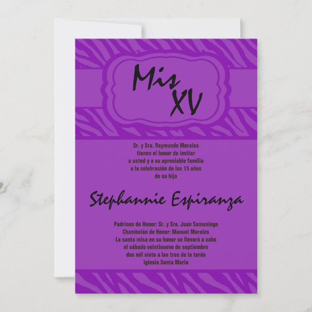 Invitation 5x7 Purple Zebra Imprimer Quinceanera 15 Invitatio (Devant)