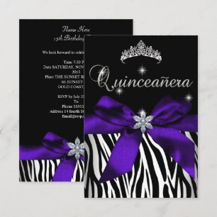 Invitation 5x7 Quinceanera Violet Zèbre Noir Blanc