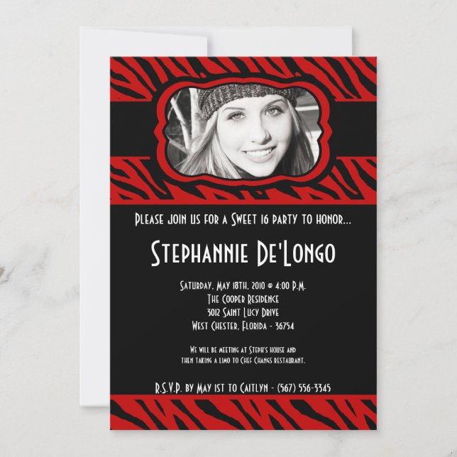 Invitation 5x7 Red Zebra PHOTO Sweet 16 Anniversaire Invitati (Devant)
