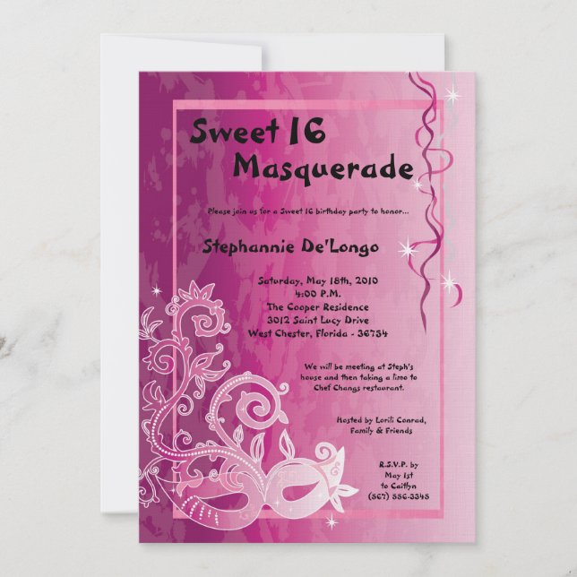 Invitation 5x7 Rose Masquerade Sweet 16 Anniversaire Invitati (Devant)