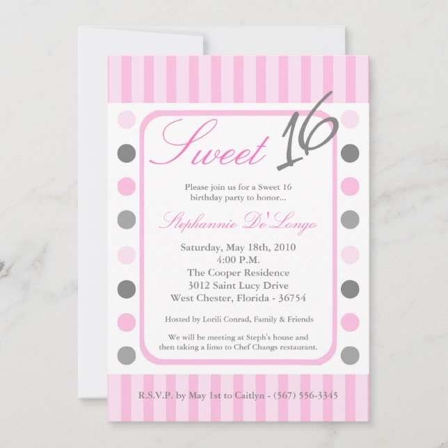 Invitation 5x7 rose Poka point doux 16 Anniversaire Invitatio (Devant)