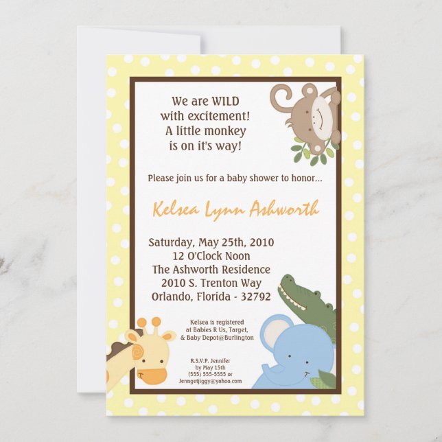 Invitation 5x7 Safari Jungle ZooInvitation Baby shower animal (Devant)