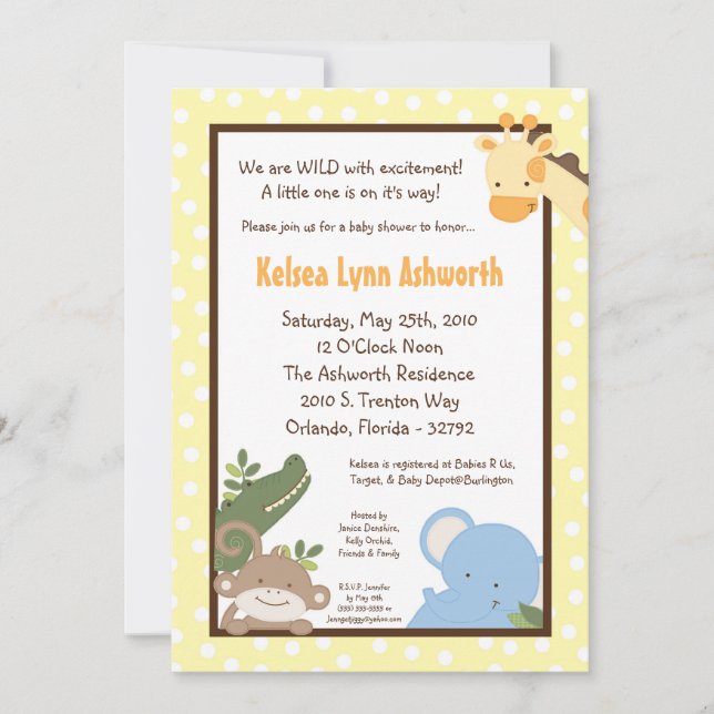 Invitation 5x7 Safari Jungle ZooInvitation Baby shower animal (Devant)
