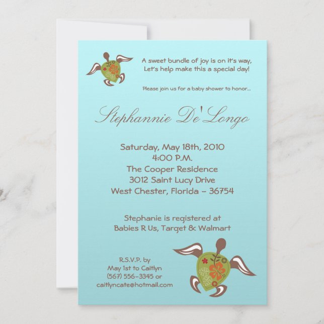 Invitation 5x7 sous l'invitation du Baby shower de la tortue  (Devant)