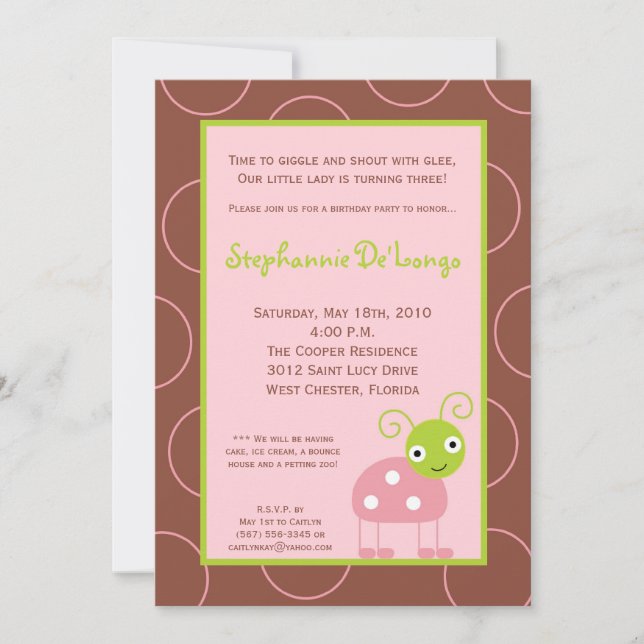 Invitation 5x7 Spring Rose Lady Bug Anniversaire Fête Invitat (Devant)