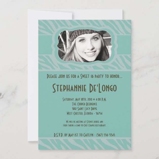 Invitation 5x7 Tiff Zebra PHOTO Sweet 16 Anniversaire Invitat (Devant)