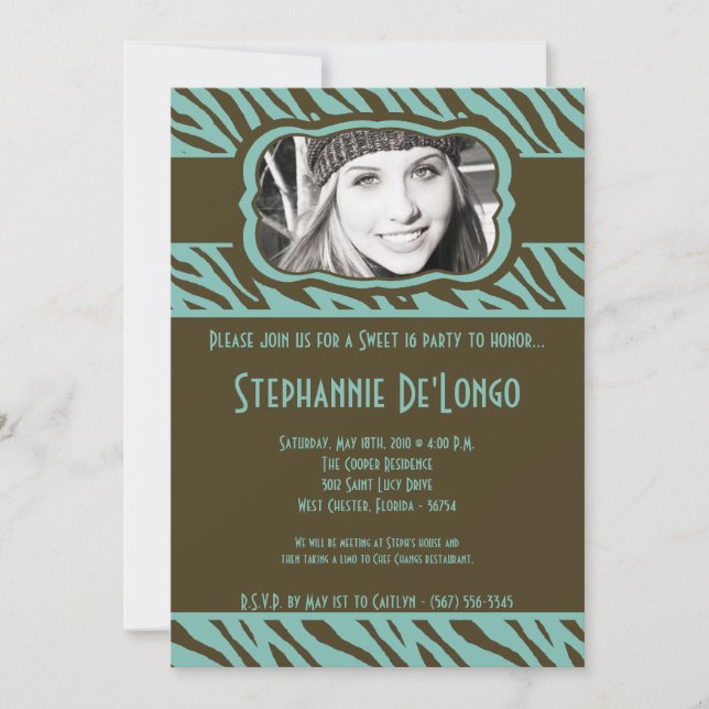 Invitation 5x7 Tiff Zebra PHOTO Sweet 16 Anniversaire Invitat (Devant)
