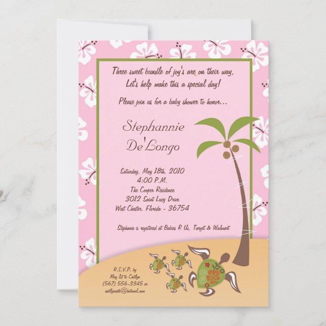 Invitation 5x7 Tortue tropicale Mama TRIPLET Douche Invitatio (Devant)