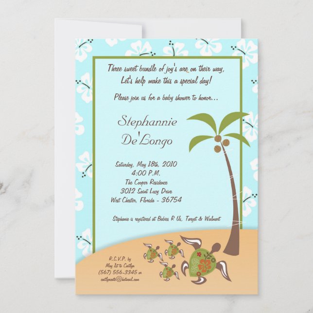 Invitation 5x7 Tortue tropicale Mama TRIPLET Douche Invitatio (Devant)