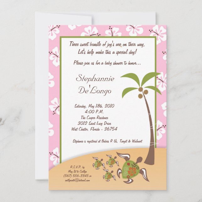 Invitation 5x7 Tortue tropicale Mama TRIPLET Douche Invitatio (Devant)