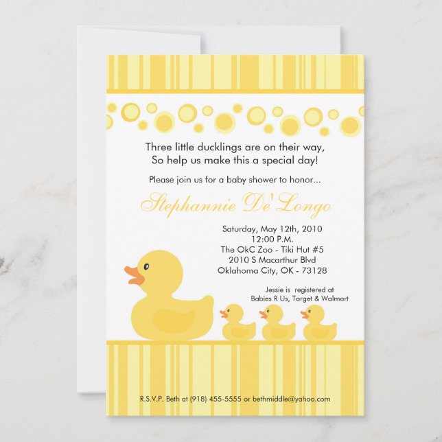 Invitation 5x7 TRIPLETS Baby shower de canards en caoutchouc  (Devant)