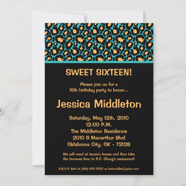 Invitation 5x7 Turquoise Turquois Cheetah 16e anniversaire In (Devant)