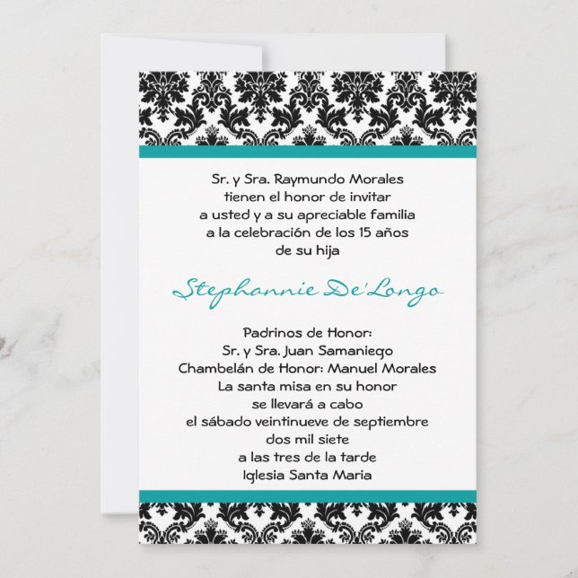 Invitation 5x7 Turquoise Turquoise Damask Quinceanera Invitat (Devant)