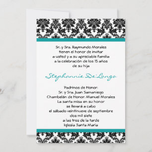 Invitation 5x7 Turquoise Turquoise Damask Quinceanera Invitat