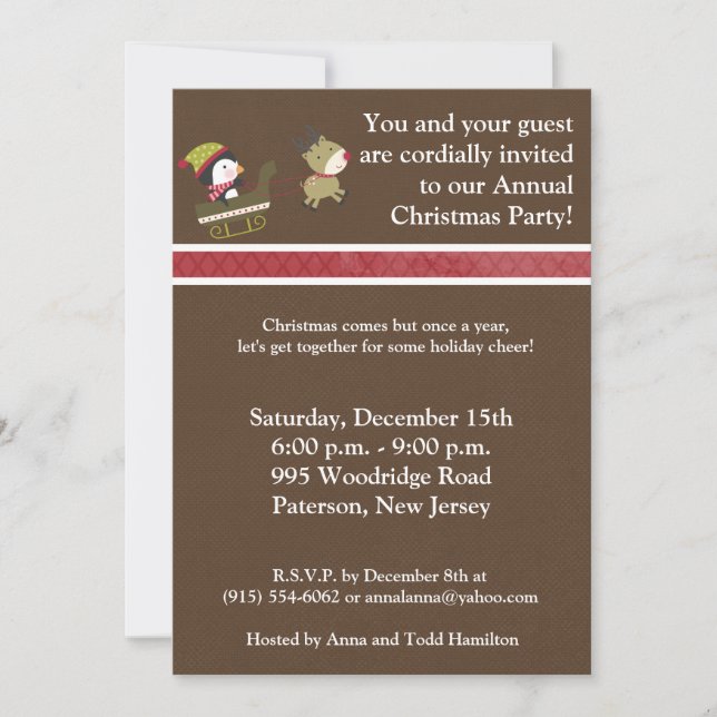 Invitation 5x7Penguin/invitation de jeux Noël de renne (Devant)