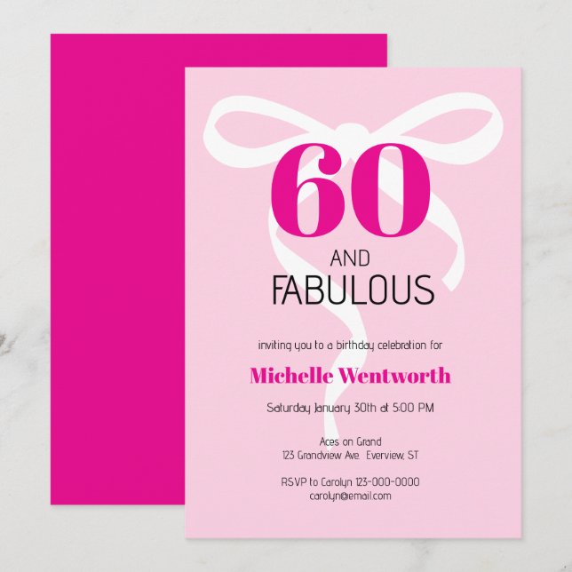 Invitation 60 and Fabulous Fun Ribbon Hot Pink 60th Birthday (Devant / Derrière)