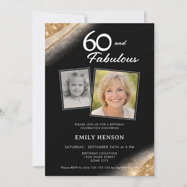 Invitation 60 and Fabulous Gold Black 2 Photo Birthday (Devant)