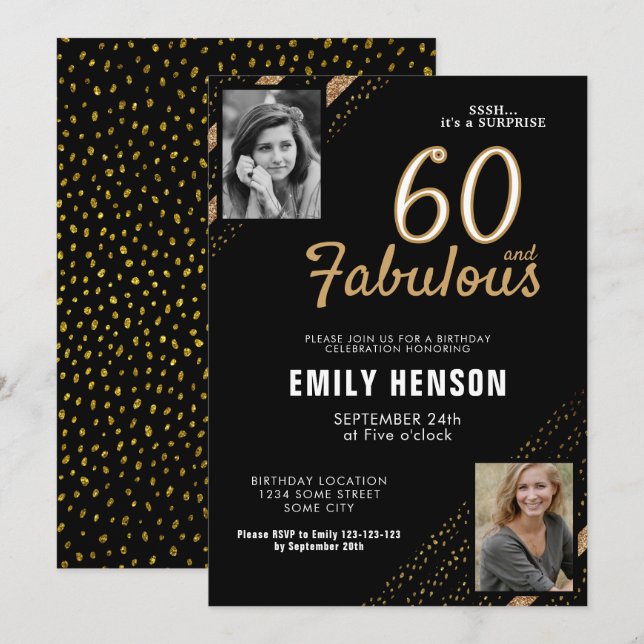 Invitation 60 and Fabulous Gold Glitter 2 Photo 60th Birthday (Devant / Derrière)