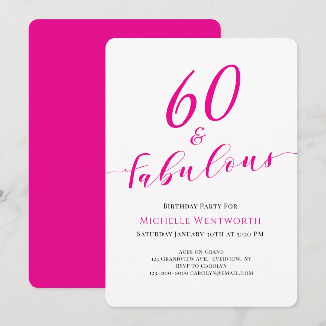 Invitation 60 and Fabulous Sixtieth Birthday Hot Pink Script (Devant / Derrière)
