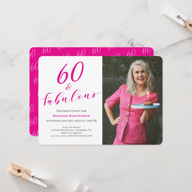 Invitation 60 and Fabulous Sixtieth Birthday Script Photo  (Devant/Arrière en situation)