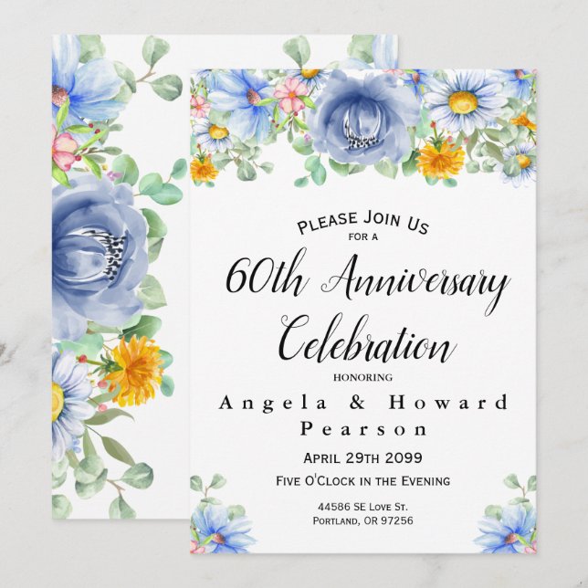 Invitation 60 ans de mariage aquarelle eucalyptus  (Devant / Derrière)