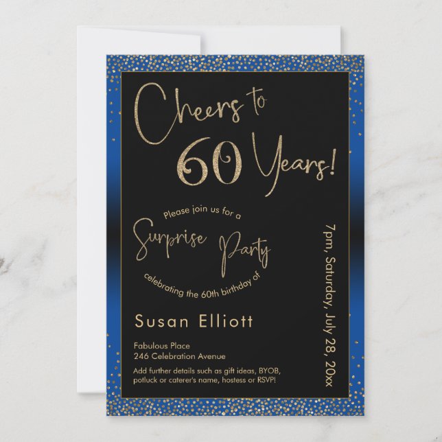 Invitation 60 ans de surprise d'anniversaire Gold & Blue (Devant)