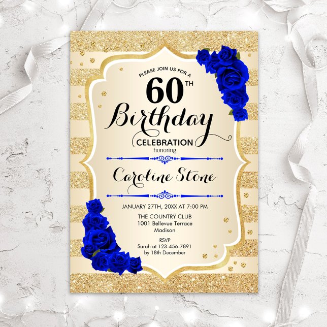 Invitation 60 ans Fleurs de roses bleues royales rayures doré (Créateur téléchargé)