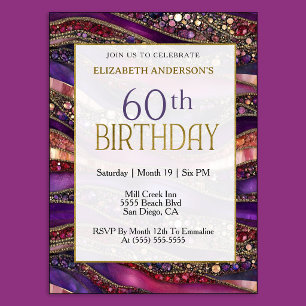 Invitation 60 ans Strata Or Violet Moderne Bijou