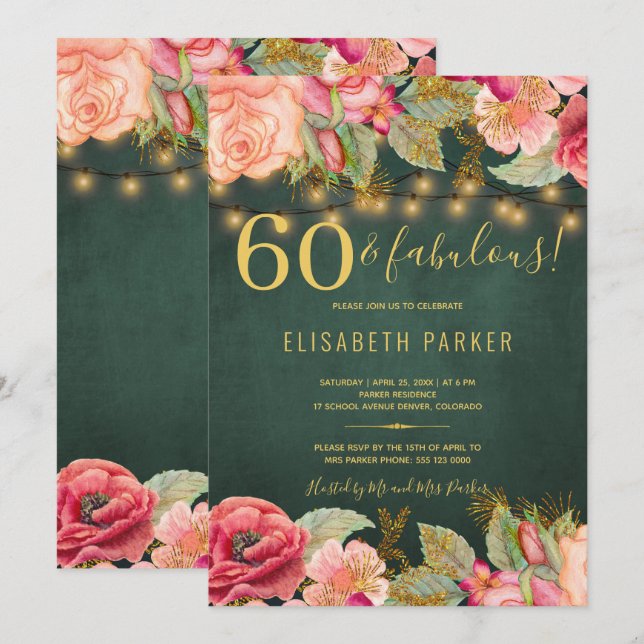Invitation 60 et fabuleuse fête fleurie élégante 60e annivers (Devant / Derrière)