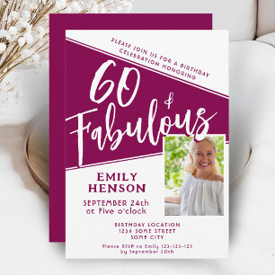 Invitation 60 et fabuleux Script Magenta Photo 60e anniversai