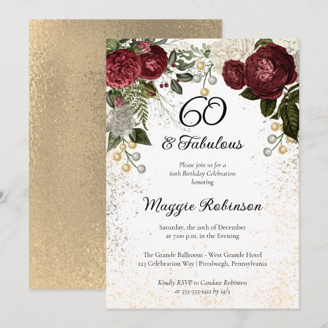 Invitation 60 et Fabulous Glam Rose Floral fête d'anniversair (Devant / Derrière)